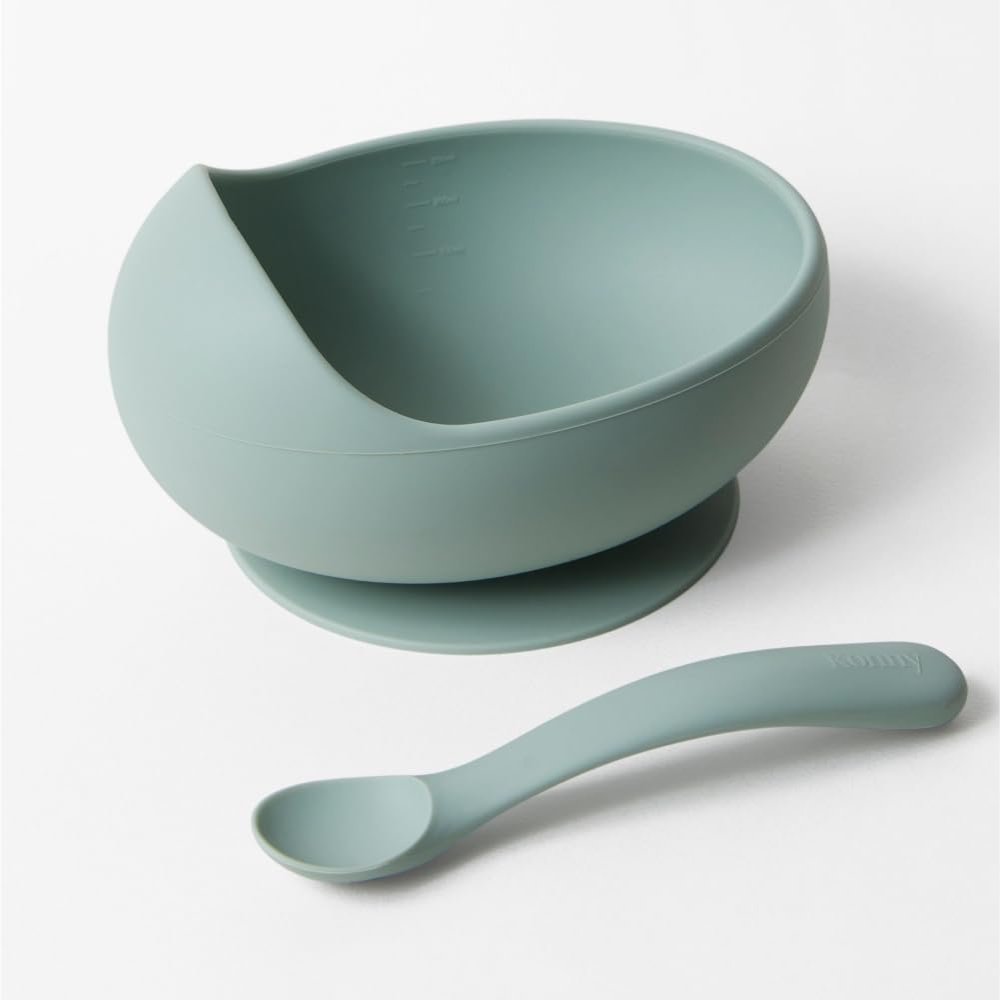 Konny Baby Bowl Microwaveable Silicone & Spoon Set, Self Feeding Essentials Baby Led Weaning Supplies -Sage