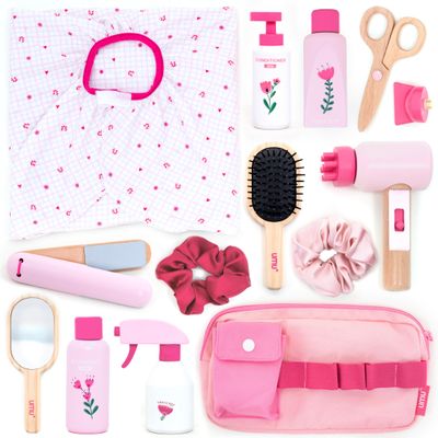 UMU Wooden Hair Salon Playset 17 Pcs Pretend Hairdressing Toy with Hair Dryer Straightener Mirror Comb & Accessories Little Woman Design Beauty Role Play Toy for Girls Ages 3 4 5 6
