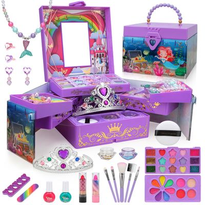 Kids Makeup Kit for Girl, Mermaid Toys for Makeup Sets, Princess Toys Real Washable Cosmetic Set with Mirror, Play Make Up Birthday Gifts for 5 6 7 8 9 10 11 12 Years Old Kid