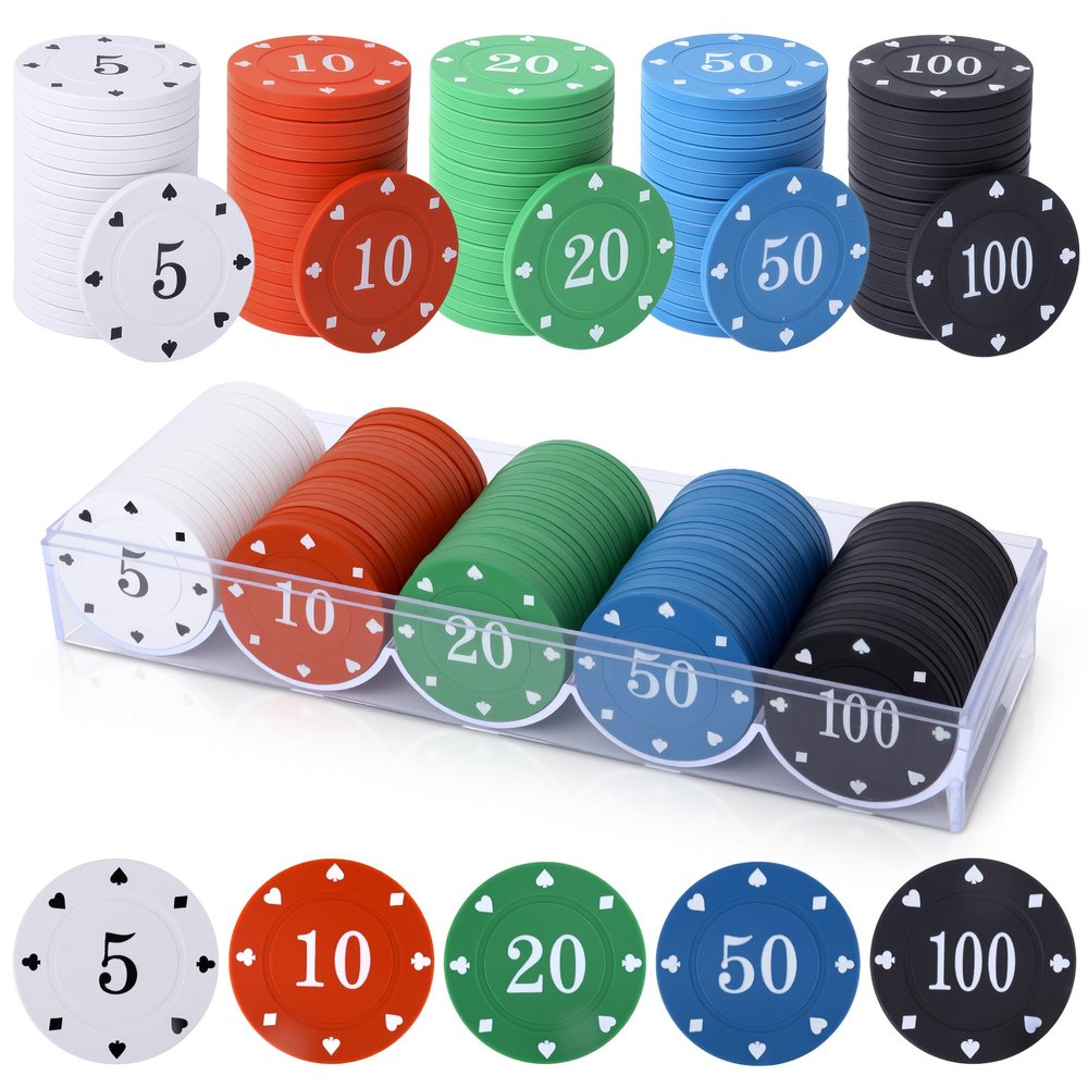 100PC Poker Chips - Plastic Learning Counters Chips with Acrylic Storage Case for Texas Hold'em Blackjack, Math Games & Counting Activities