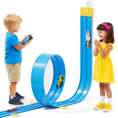 13 Ft Flexible Race Car Track Compatible with Hot Wheels and Diecast 1:64th Cars,Classic Long Rolls Up Portable Racetrack Roll Up Race Track, Birthday Gifts for Boys Girls Ages 3-12, Blue
