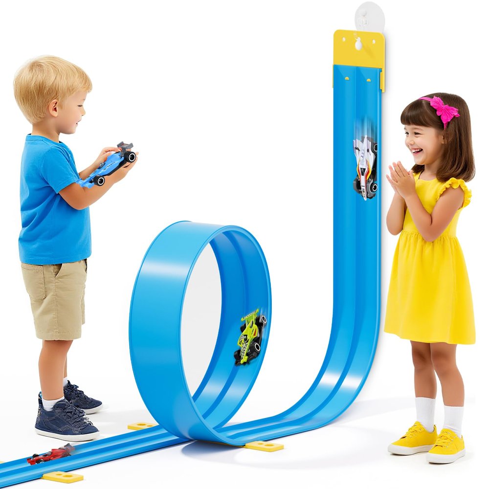 13 Ft Flexible Race Car Track Compatible with Hot Wheels and Diecast 1:64th Cars,Classic Long Rolls Up Portable Racetrack Roll Up Race Track, Birthday Gifts for Boys Girls Ages 3-12, Blue