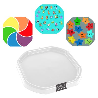 MEKA Tuff Tray with 3 Play Mats, Sensory for Kids Alphabet, Numbers, Color Themes, Indoor Outdoor Use, Home or Classroom (White, Small 28" x 28")