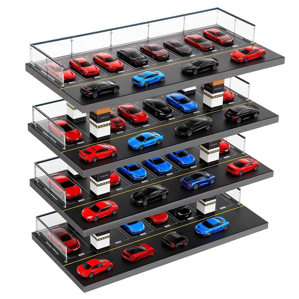 1/64 Parking Garage Diorama, Toy Car Storage Stand, 4 Levels 24 Spots Model Car Display Case Organizer, with 24 Parking Spaces with Horizontal Railing, for Home Decoration, Gifts