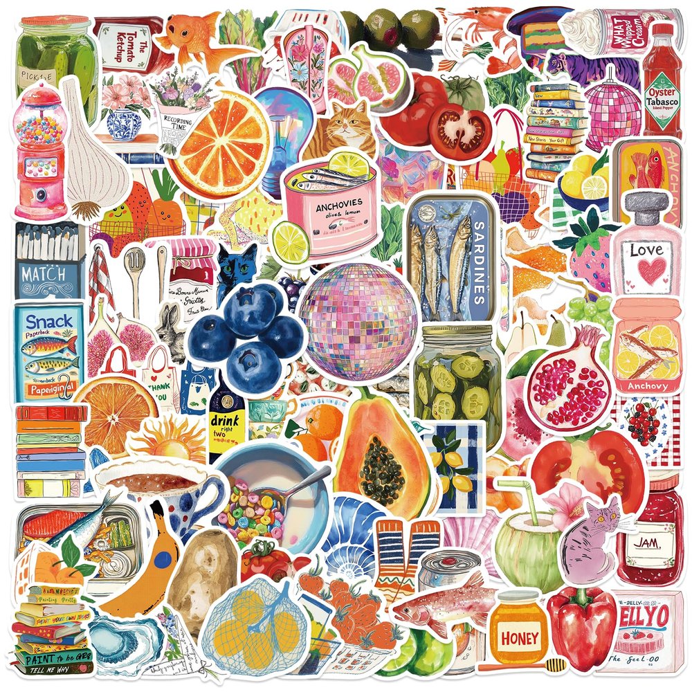 100PCS Cute Food Stickers for Kids, Yummy Food Stickers Snack Hamburger Pizza Cake Donuts, Waterproof Vinyl Stickers for Water Bottle Laptop Skateboard
