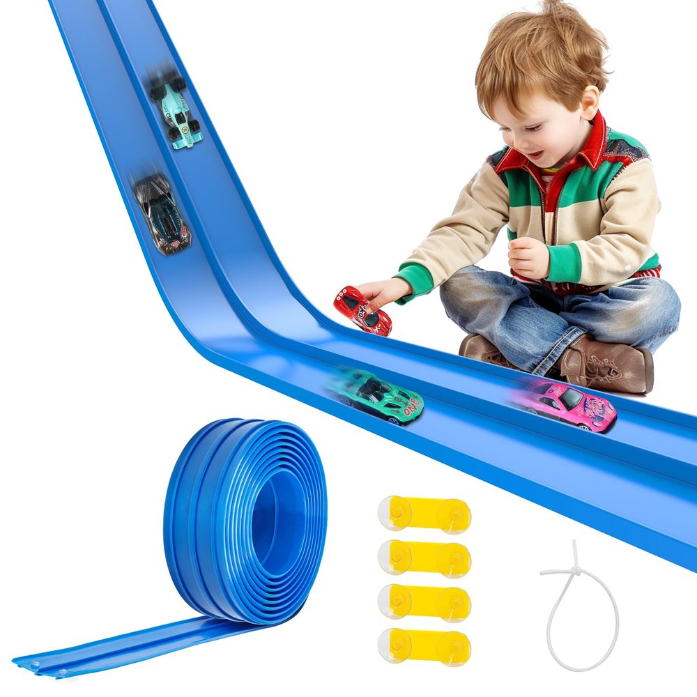 Flexible Race Car Track for Kids 15 Ft Flex Tracks Starter Set Compatible Toy with Suction Cups Compatible with Diecast 1/64th Cars, Long Kid Cars Ramp with Suction Cups for Indoor & Outdoor Ages 3+