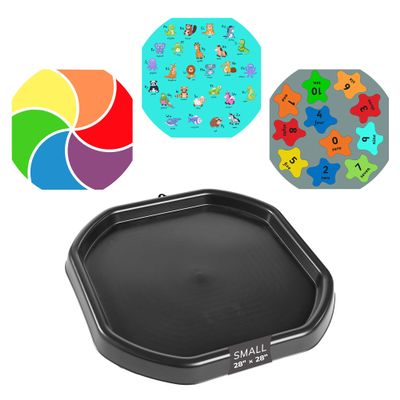 MEKA Tuff Tray with 3 Play Mats, Sensory for Kids Alphabet, Numbers, Color Themes, Indoor Outdoor Use, Home or Classroom (Black, Small 28" x 28")