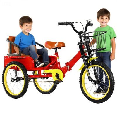 JIYIAN Red,18in,Foldable Kids Passenger Tricycle,Semi-Enclosed Enlarged and Widened Rear Seat and Wear-Resistant Footrests Two Seat Bike for Kids Twins