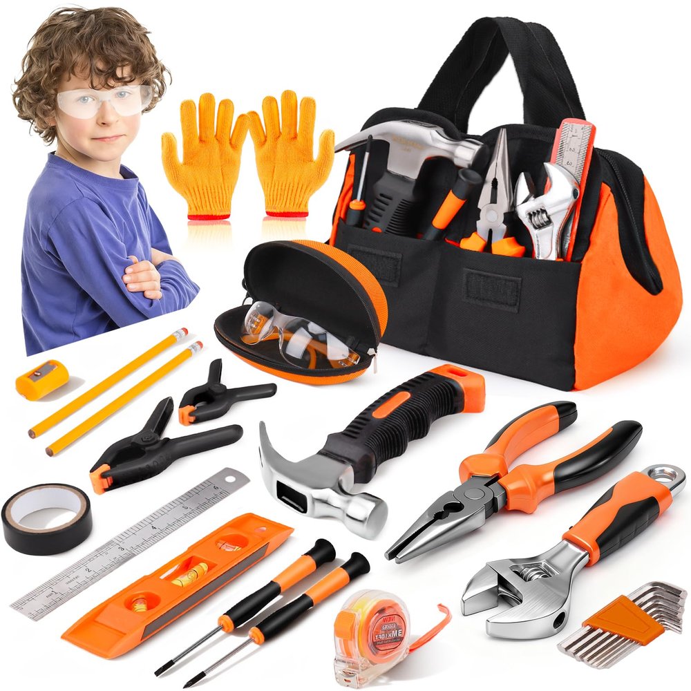 27-Piece Orange Kids Tool Set with Tool Storage Bag, Real Hand Tool Kit for Boys & Girls, Child Learning Tools for Building, Woodworking and Construction, 6+ Years Old Birthday Valentines Easter Gift
