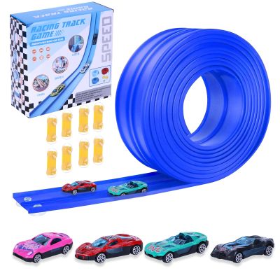 Flexible Race Car Ramp Track,15 Ft Flexible Race Track Set for Kids,with 4 Mini Racecars and 8 Fixed Track Suction Cup Accessories,Rolls Up Portable Racetrack for Boys & Girls Over 36 Months Blue