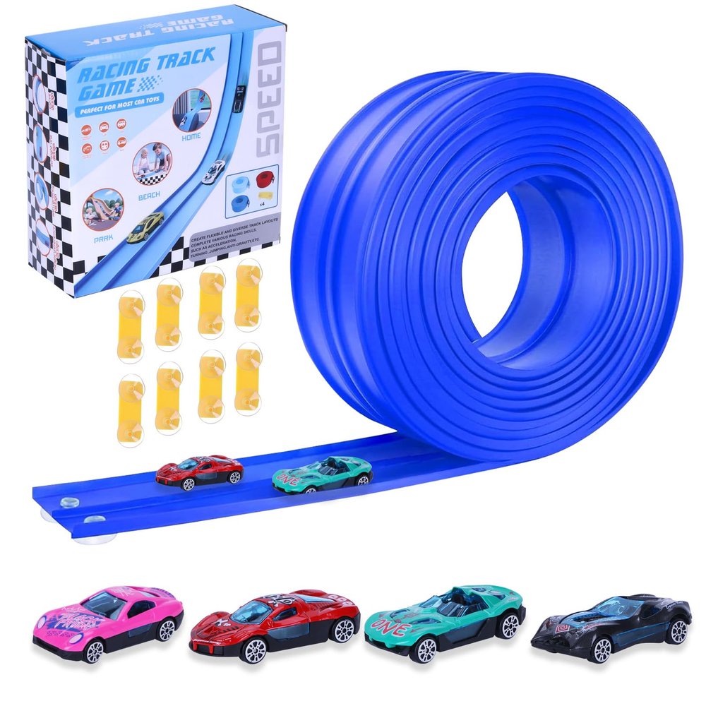 Flexible Race Car Ramp Track,15 Ft Flexible Race Track Set for Kids,with 4 Mini Racecars and 8 Fixed Track Suction Cup Accessories,Rolls Up Portable Racetrack for Boys & Girls Over 36 Months Blue