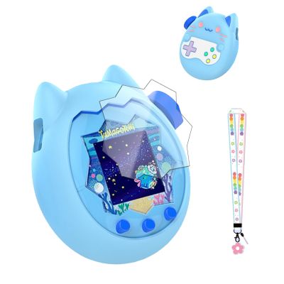 for Tamagotchi Paradise Soft Silicone Case and TPU Clear Screen Protector flim, 360-degree Full Protective with Flower Series Lanyard, Scratch Shock Protection, Blue