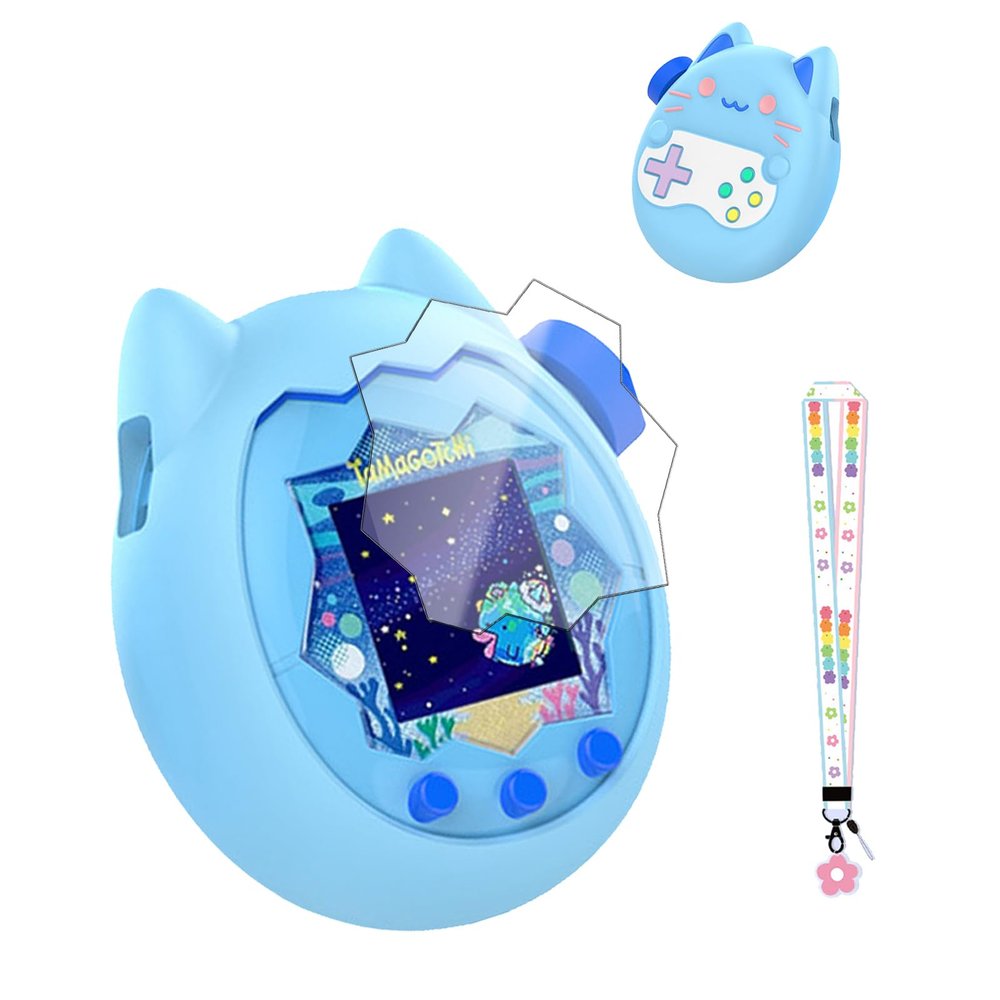 for Tamagotchi Paradise Soft Silicone Case and TPU Clear Screen Protector flim, 360-degree Full Protective with Flower Series Lanyard, Scratch Shock Protection, Blue