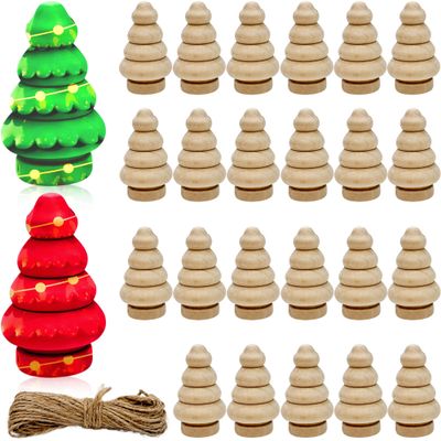 25 Pieces Unfinished Wooden Christmas Trees Mini Wooden Christmas Trees DIY Natural Wood Xmas Tree with Rope for Arts and Crafts Activity Drawing Sculpture Gift Decor