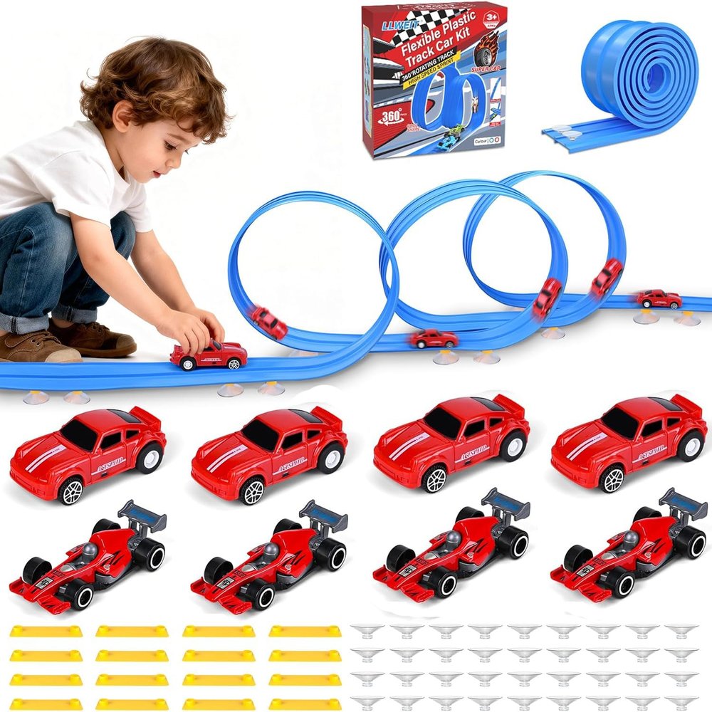 ZHFUYS 20Ft Extra Long Flex Tracks for Kids,Flexible Race Car Track Set with Powerful Pull Back Cars,Suction Cups Compatible with Diecast 1/64th Car Toy,Rolls Up Portable Race Tracks for Ages 3 & Up