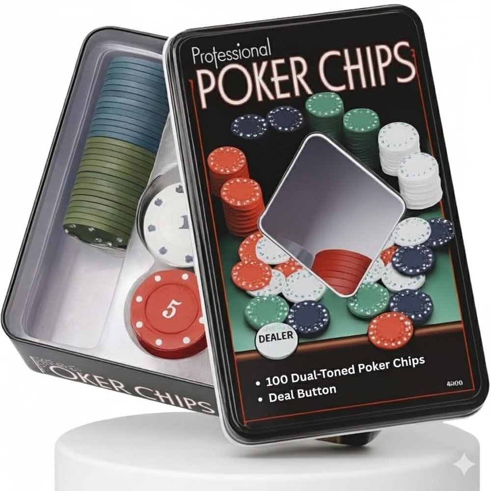 Go Hooked Professional Poker Chips Set with 100 Dual-Toned Chips & Dealer Button | Texas Hold'em Poker Game Chips in Metal Case | Casino Style Poker Set for Adults, Parties & Game Nights