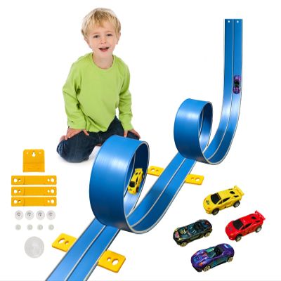 15 Ft Flexible Race Car Track (Daytona Blue) for Kids,Flex Track Starter Set Compatible with Hot Wheels and Diecast 1/64th Cars,Portable Racetrack Roll Up Race Track with 4 Racecars and Suction Cups