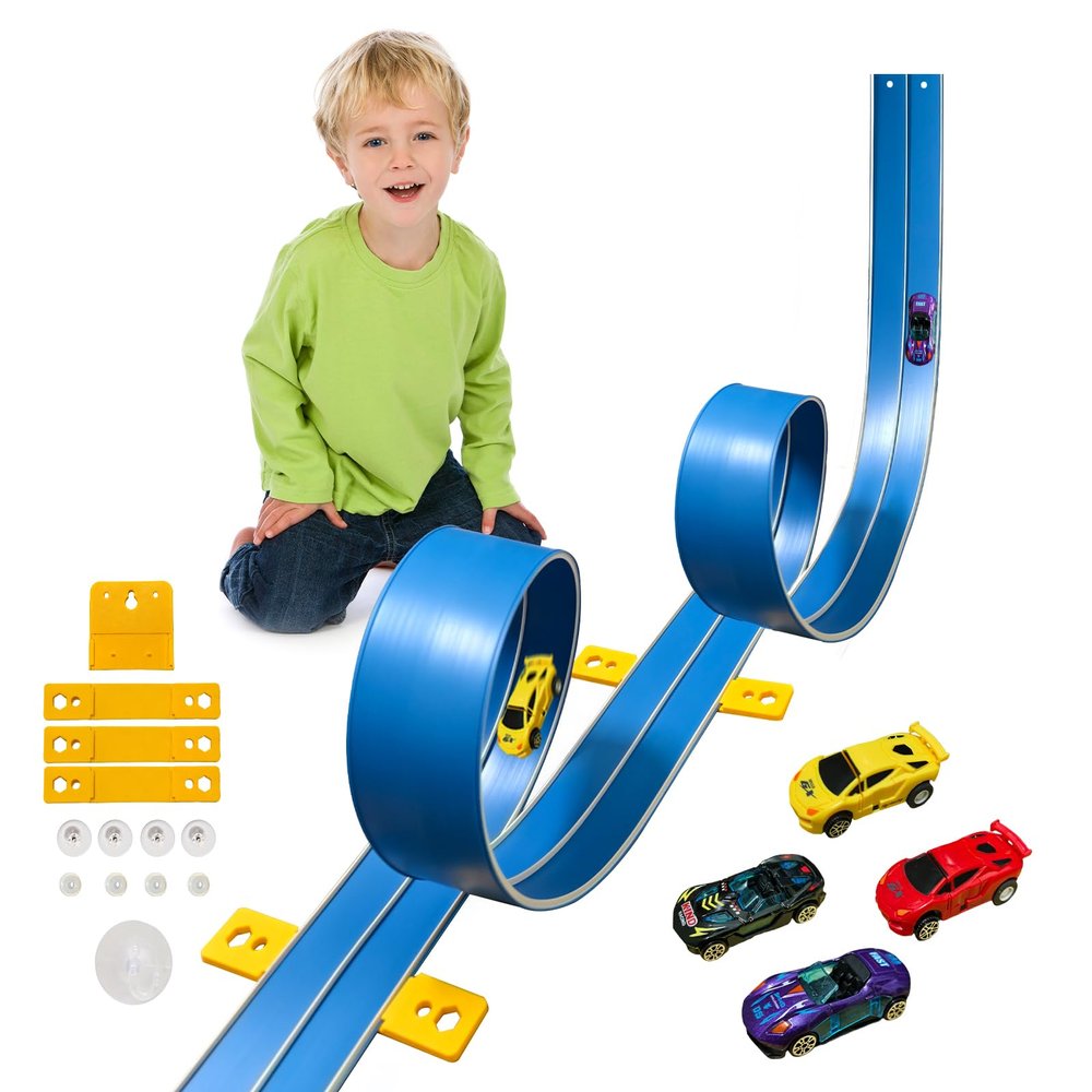 15 Ft Flexible Race Car Track (Daytona Blue) for Kids,Flex Track Starter Set Compatible with Hot Wheels and Diecast 1/64th Cars,Portable Racetrack Roll Up Race Track with 4 Racecars and Suction Cups