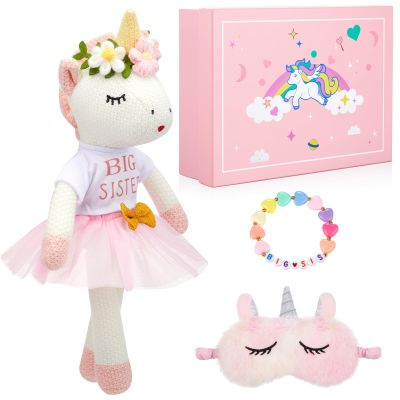 4 Pcs Big Sister Gift Set for Girls, 17 Inch Unicorn Stuffed Doll with Outfit, Pink Unicorn Gift Box Shimmering Eye Mask Big Sis Bracelet, Kids Age 3-8, Love and Surprise Birthday