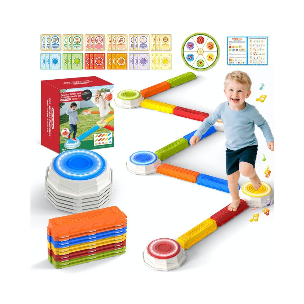 15PCS Rainbow Stepping Balance Beam Stones for Kids Toddlers - Indoor & Outdoor Sensory Toys for Outside Play Games,With Light Up&Music Non-Slip Jumping Blocks for Obstacle Course Boy Girl Gifts