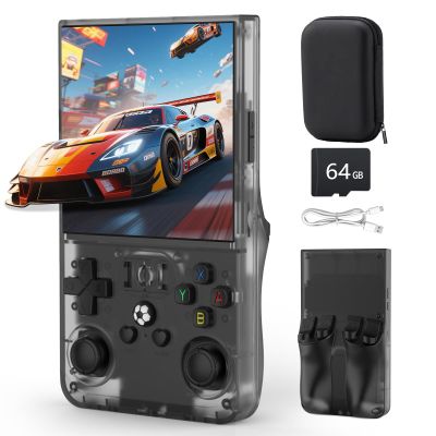 FHYRGF[18000 in 1] R36 MAX Handheld Game Console 4.0 inch IPS Screen Mini Retro Console 4000mAh Portable Pocket Arcade 12+ Mainstream Emulator 64g TF Card Transparent.(Grey)