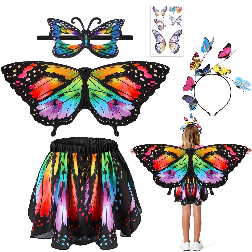 5PCS Butterfly Costume for Girls, Butterfly Wings Kids Skirt Stickers Mask and Bug Antenna Headband for Halloween