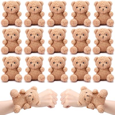 Ceenna 16 Pcs Bear Stuffed Animal Slap Bracelets Party Favors Plush Slap Bracelets Bulk 8.66 Inch Wristband for Valentine Galentines Gift Classroom Prizes Wedding Birthday Baby Shower, Brown