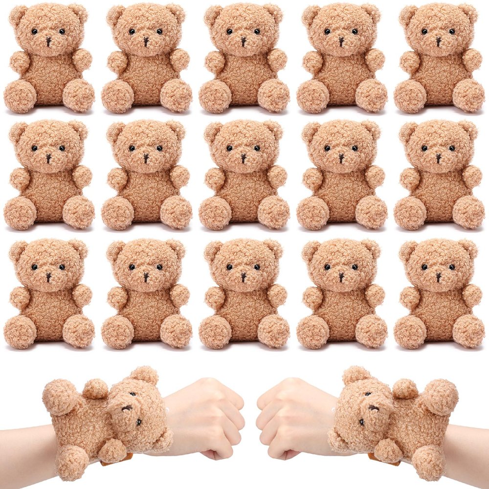 Ceenna 16 Pcs Bear Stuffed Animal Slap Bracelets Party Favors Plush Slap Bracelets Bulk 8.66 Inch Wristband for Valentine Galentines Gift Classroom Prizes Wedding Birthday Baby Shower, Brown