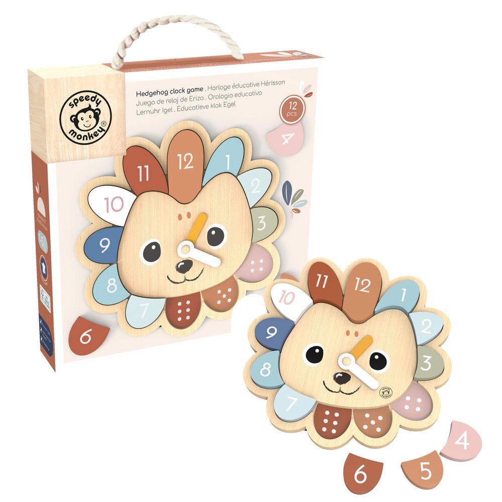 SPEEDY MONKEY Hedgehog Clock Game for Toddlers 12m+ | Wooden Number & Time Learning Toy for Bedroom or Classroom | Shape Sorting & Stacking Puzzle | Animal Educational Gift for Kids & Preschoolers