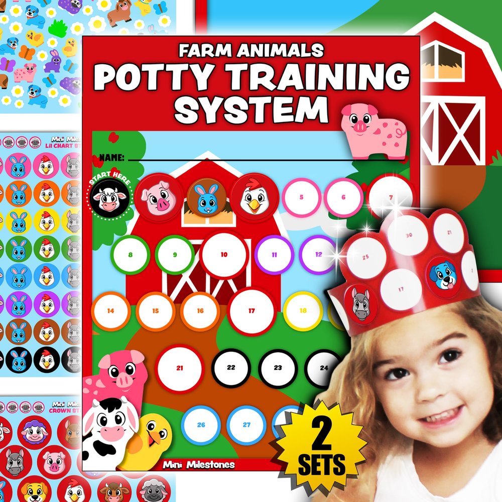 17PC Toddler Farm Animal Potty Training Chart Behavior Chart for Toddlers, Potty Chart, Toddler Reward Stickers, Reward Chart for Kids, Crown & Activity Board by LIL ADVENTS Mini Milestones + eBook