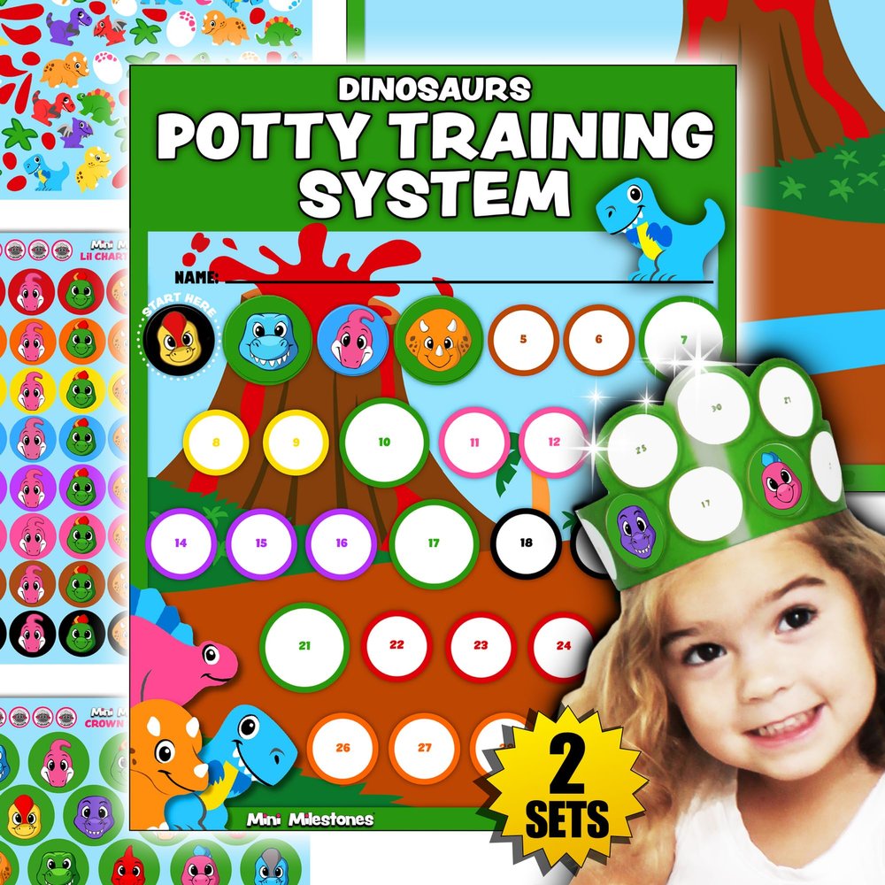 17PC Toddler Dinosaurs Potty Training Chart Behavior Chart for Toddlers, Potty Chart, Toddler Reward Stickers, Reward Chart for Kids, Crown & Activity Board by LIL ADVENTS Mini Milestones + eBook