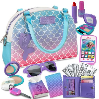 Play Purse for Little Girls and Toddlers - Mermaid Purse Toys for Kids Pretend Play Accessories: Phone, Wallet, Credit Cards, Keys, Pretend Makeup Mermaid Gift for Girl Age 3 4 5 6 7 8 Years and Up