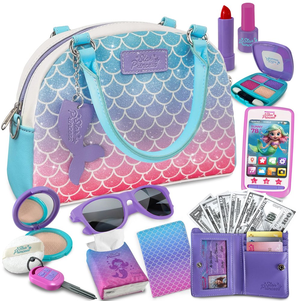 Play Purse for Little Girls and Toddlers - Mermaid Purse Toys for Kids Pretend Play Accessories: Phone, Wallet, Credit Cards, Keys, Pretend Makeup Mermaid Gift for Girl Age 3 4 5 6 7 8 Years and Up