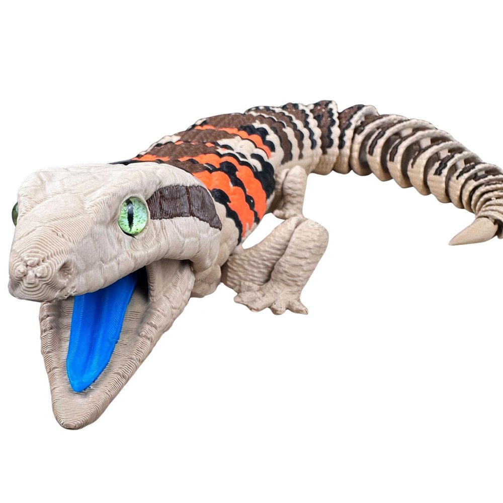 Realistic 3D Printed Articulating Blue-Tongued Skink  Jaw Opens, Fully Poseable Body, Legs & Tail  Reptile Model with Varying Eye Colors  Lifelike Blue Tongue Lizard Replica