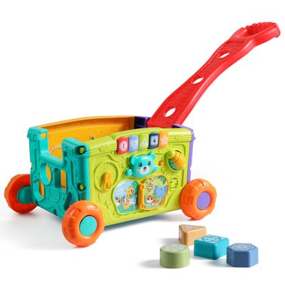 Didklom Baby Walker Musical Push Toy for Toddlers 18+ Months - Educational Activity Wagon with Building Blocks, Learning Walking Assistant with Adjustable Handle for Baby Boys & Girls