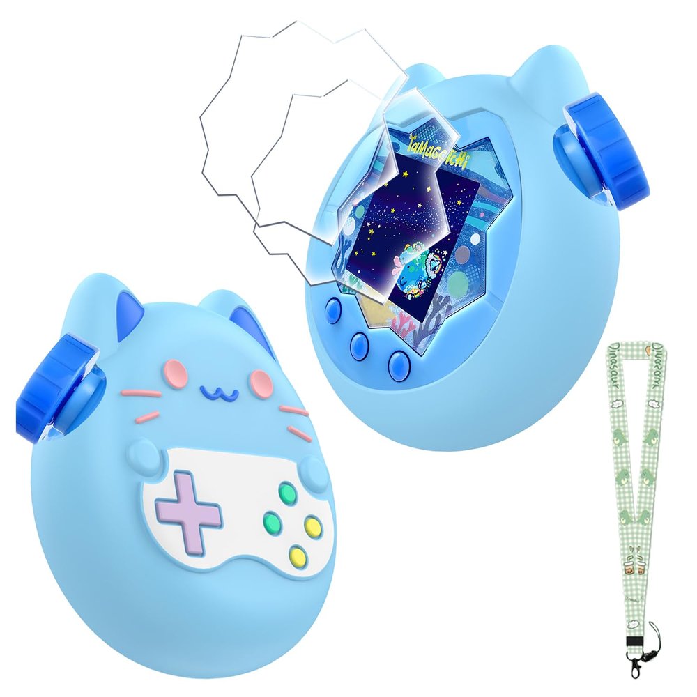 Case for Tamagotchi Paradise with Lanyard & 2 Screen Protectors Cute Silicone Cover for Kids, Shockproof Shell for Tamagotchi Keychain, Anti-Drop Holder(Blue)