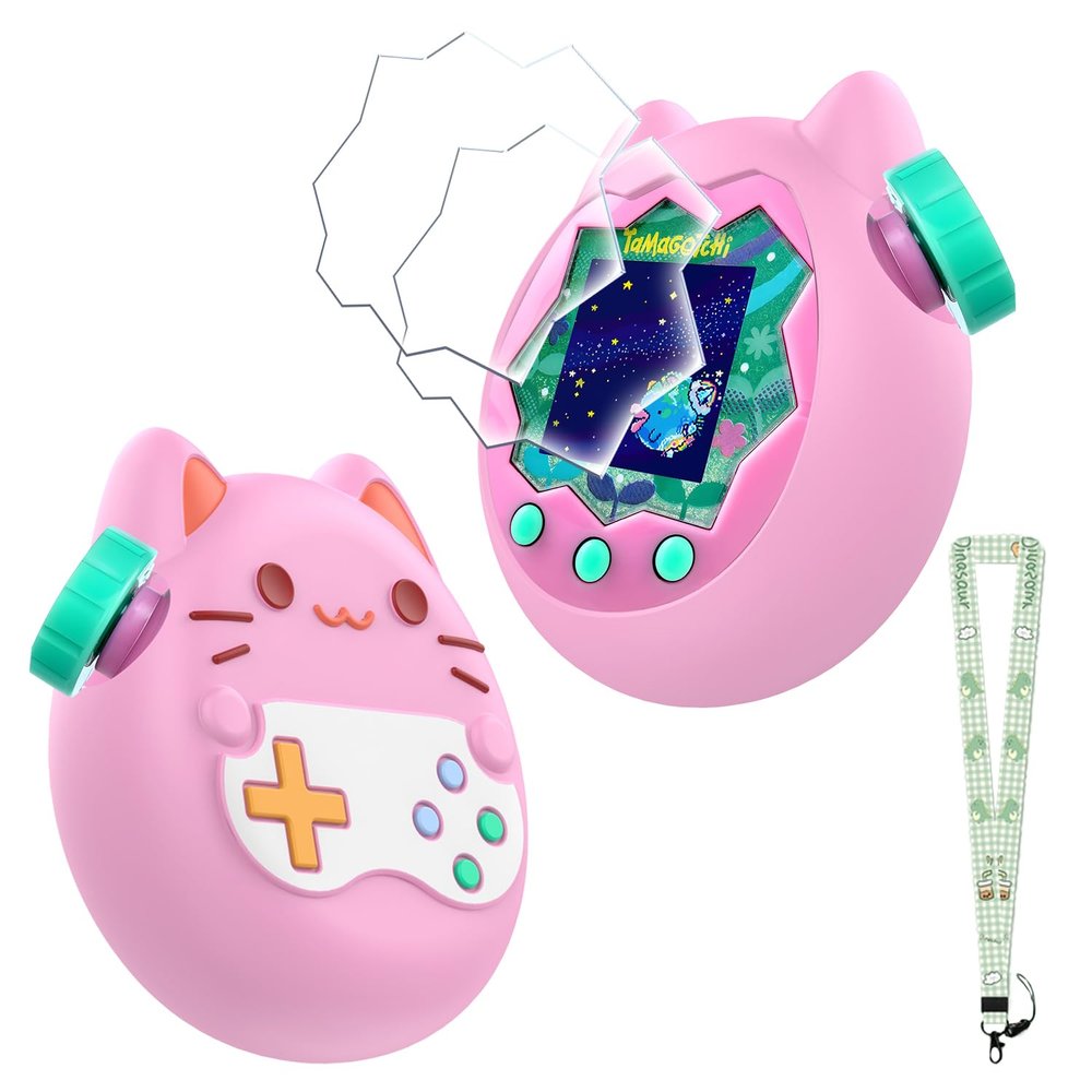 Case for Tamagotchi Paradise with Lanyard & 2 Screen Protectors  Cute Silicone Cover for Kids, Shockproof Shell for Tamagotchi Keychain, Anti-Drop Holder (Pink)