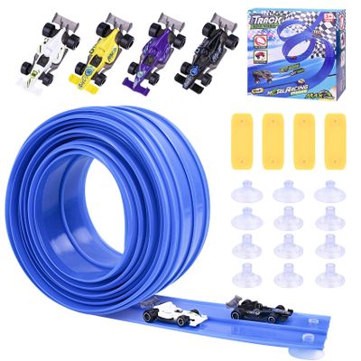 Flexible Race Car Track for Kids - Flex Track 16 Ft with Suction Cups & Loop for Ages 3 & Up Classic Blue Double Long Rolls Up Portable(Blue)