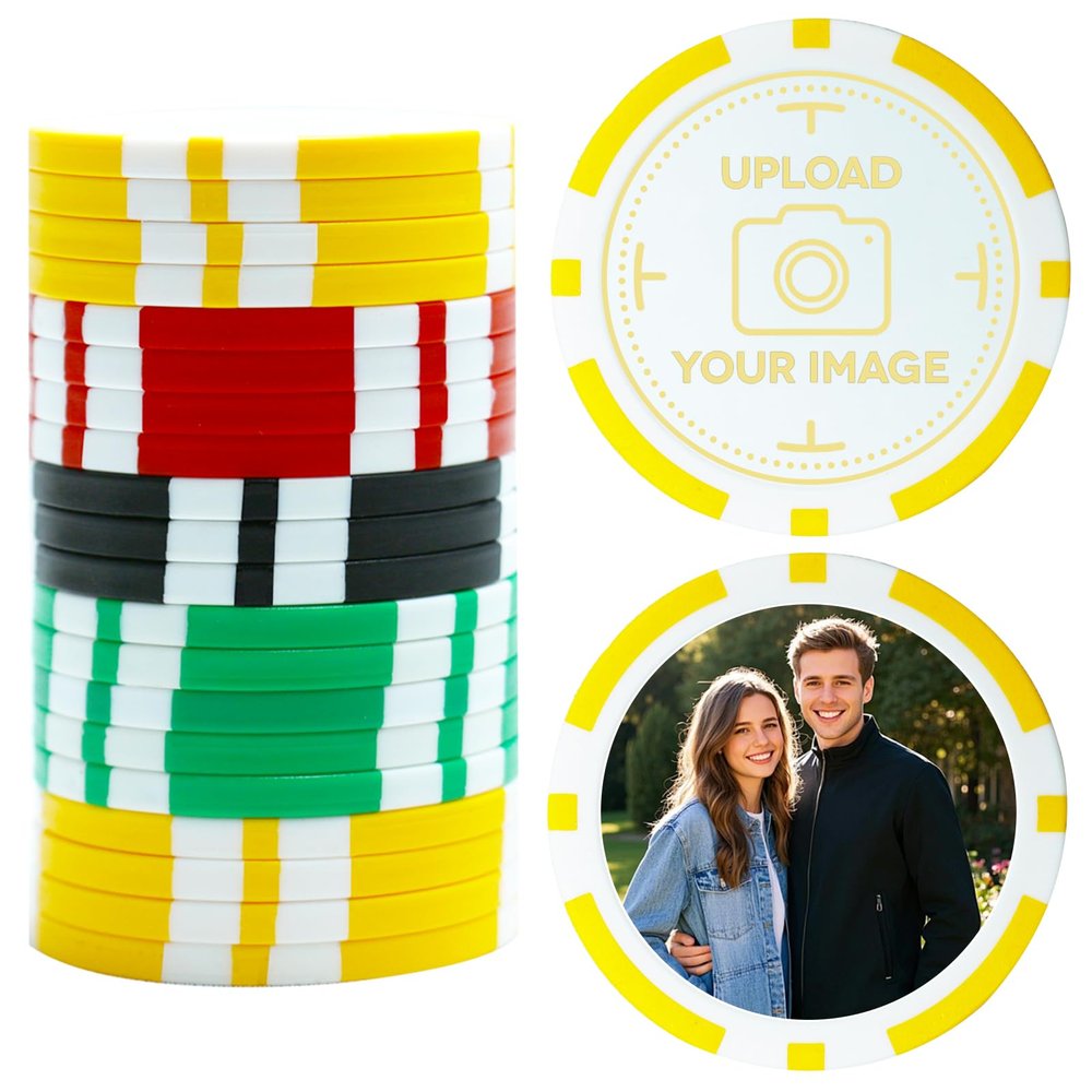 11.5 Grams Striped Custom Ceramic Clay Poker Chips Double-Sided Full-Color Personalized Printing Put Image Logo Business Cards for Texas Hold 'em Golf Casino Drink Tokens Pack of 50-1000 (Yellow)