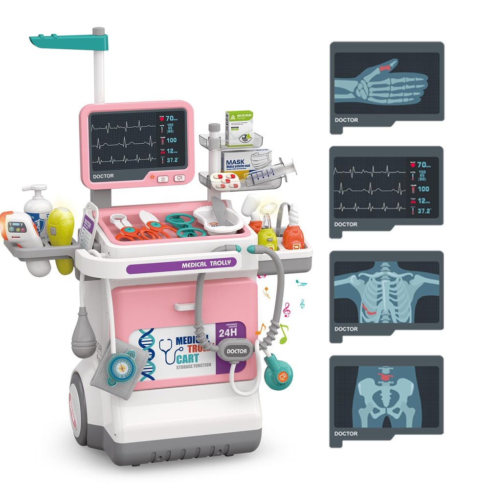 Doctor Kit for Kids Pretend Medical Station Set for Boys & Girls Mobile Cart with Kids Play Set for Ages 3 and Up Children Role Play Educational Toys (Pink)