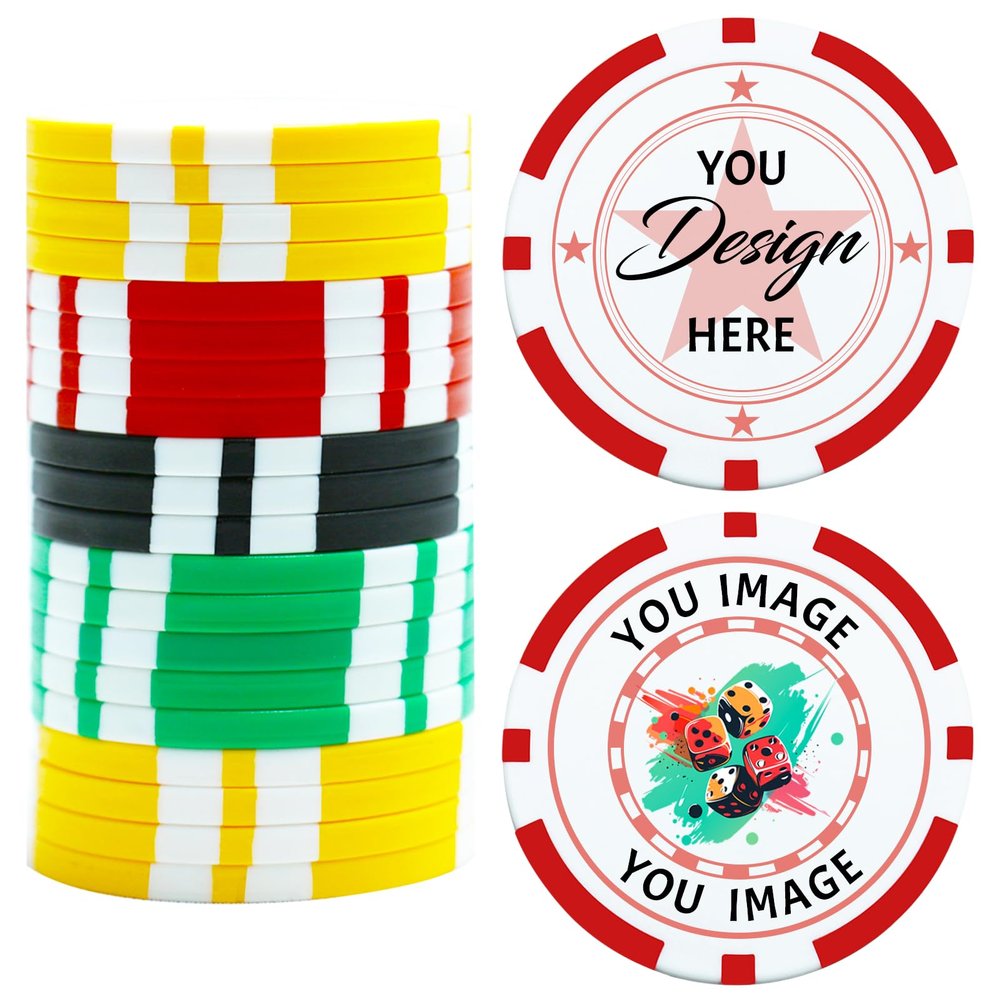 11.5 Grams Striped Custom Ceramic Clay Poker Chips Double-Sided Full-Color Personalized Printing Put Image Logo Business Cards for Texas Hold 'em Golf Casino Drink Tokens Pack of 50-1000 (Red)