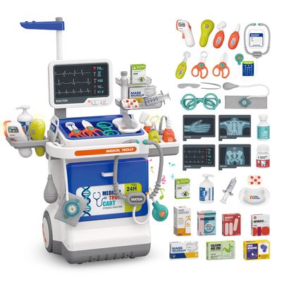 Doctor Kit for Kids Pretend Medical Station Set for Boys & Girls Mobile Cart with Kids Play Set for Ages 3 and Up Children Role Play Educational Toys (Blue)