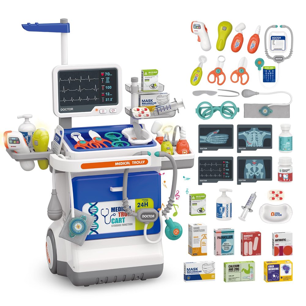 Doctor Kit for Kids Pretend Medical Station Set for Boys & Girls Mobile Cart with Kids Play Set for Ages 3 and Up Children Role Play Educational Toys (Blue)