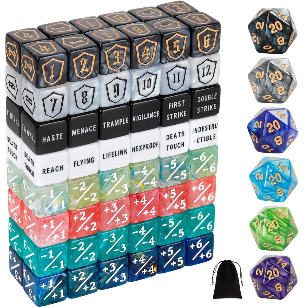 102 Pieces MTG Dice Counters Set Bulk Ability Keyword Tokens Shield Life Counters 6 Sided Dice for Magic The Gathering TCG Card Gaming Accessories (Dice Set B)