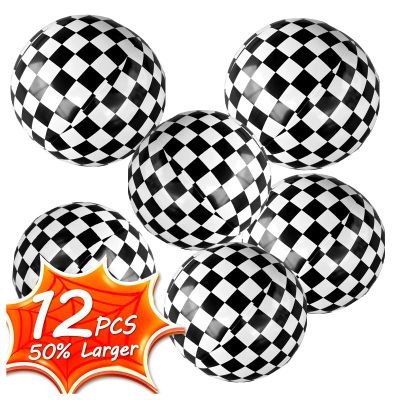 12 Pack Inflatable Monster Truck Checkered Beach Balls 12 Inches Black and White Flag Design Bulk Toys for Kids Pool Games, Summer Jam Party Supplies, Race Theme Decorations and Class Gifts