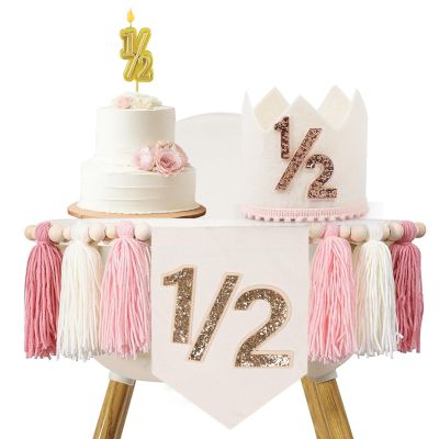 1/2 Birthday girl, Pink High Chair Banner with Handmade Hat and Candle, Half Way to One Baby, Half Birthday Docoration