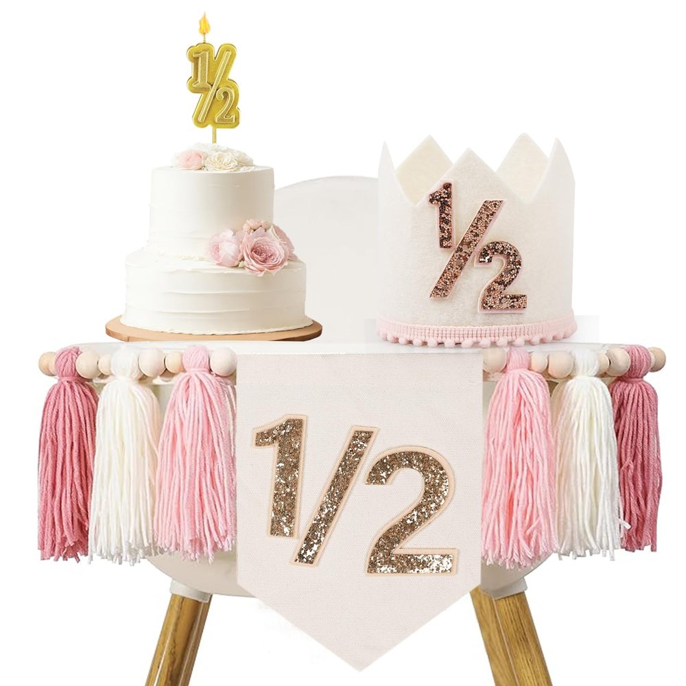 1/2 Birthday girl, Pink High Chair Banner with Handmade Hat and Candle, Half Way to One Baby, Half Birthday Docoration