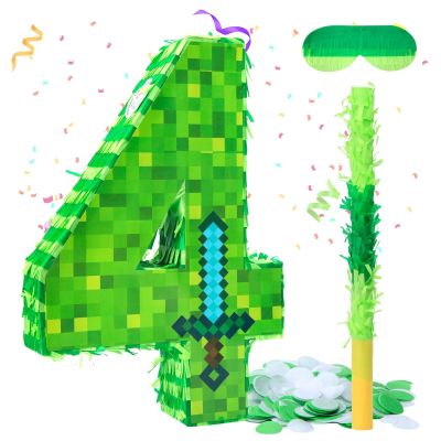 16 Inch Number 4 Pixel Pinata with Piata Stick, Blindfold, Confetti for Boys Girls Birthday Decorations, Kids Party Supplies, Easy to Fill and Hang (MinC-4th)