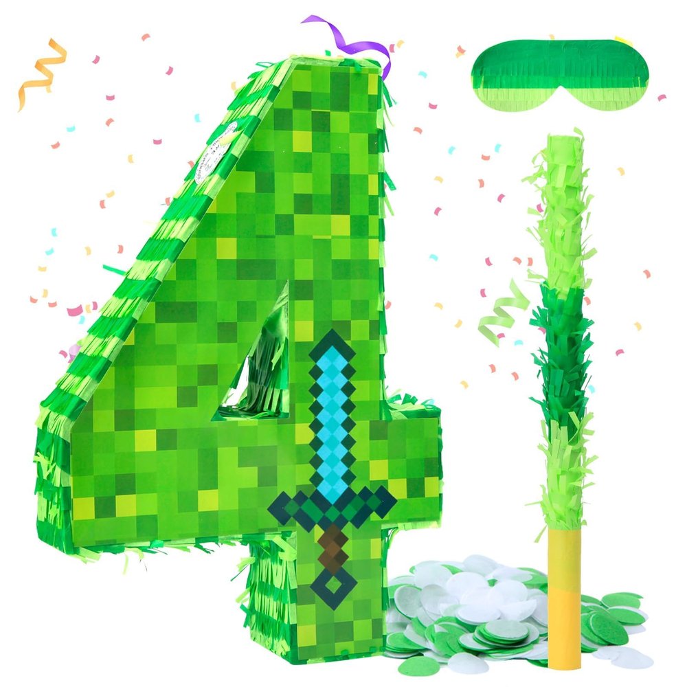 16 Inch Number 4 Pixel Pinata with Piata Stick, Blindfold, Confetti for Boys Girls Birthday Decorations, Kids Party Supplies, Easy to Fill and Hang (MinC-4th)