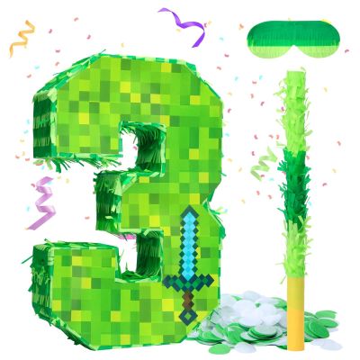 16 Inch Number 3 Pixel Pinata with Piata Stick, Blindfold, Confetti for Boys Girls Birthday Decorations, Kids Party Supplies, Easy to Fill and Hang (MinC-3th)